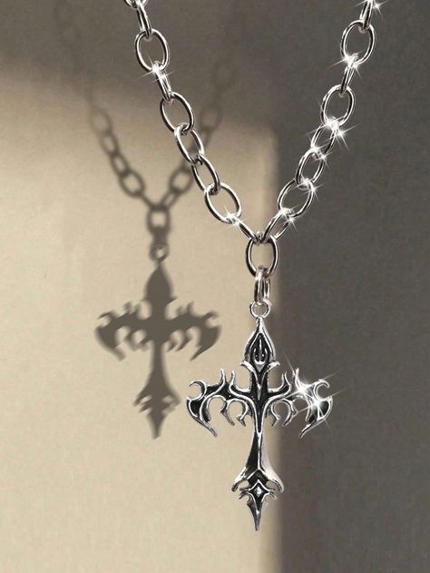 Gothic Vintage Fire Flame Cross Pendant Necklace, Stainless Steel Thick Chain, Unisex Punk Jewelry Silver Fashionable   Stainless Steel     Women Fashion Jewelry, size features are:Bust: ,Length: ,Sleeve Length: Silver Cross Necklace Aesthetic, Y2k Cross Necklace, Gothic Cross Necklace, Gothic Necklaces, Gothic Crosses, Necklace Gothic, Fire Flame, Gothic Vintage, Gothic Necklace