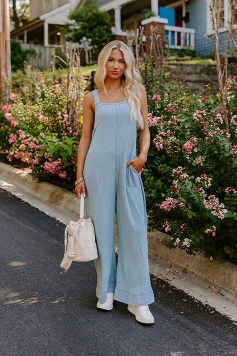 Cue The Charm Wide Leg Waffle Knit Jumpsuit in Sky Blue | Impressions Online Boutique