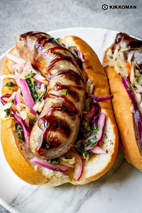 Sausage On A Bun Toppings, Sides For Sausage On A Bun, Sausage On A Bun, Asian Glaze, Tangy Coleslaw, Tangy Slaw, Grilled Brats, Brats Recipes, Hot Sausage