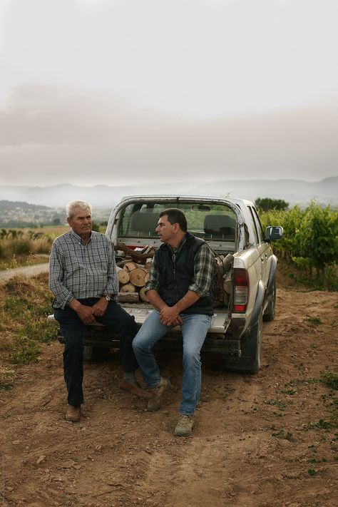 "Generational Farmers Taking A Break On The Pick Up Car." by Stocksy Contributor "Miquel Llonch" - Stocksy Farming Photoshoot, Pick Up Car, Farmer Family, Working Farm, Farm Photography, Taking A Break, Photography Poses For Men, Outdoor Bbq, Byron Bay