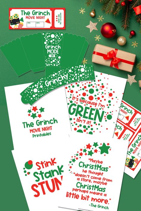 Snag cute Grinch movie night printables to make a movie night at home a blast. The Grinch theme that will make you feel like you are at the movies. Grinch Movie Ticket Printable, Movie Ticket Printable, Grinch Breakfast, Grinch Movie Night, Movie Printables, Christmas Socks Exchange, Grinch Popcorn, Movie Night Printables, Grinch Printable