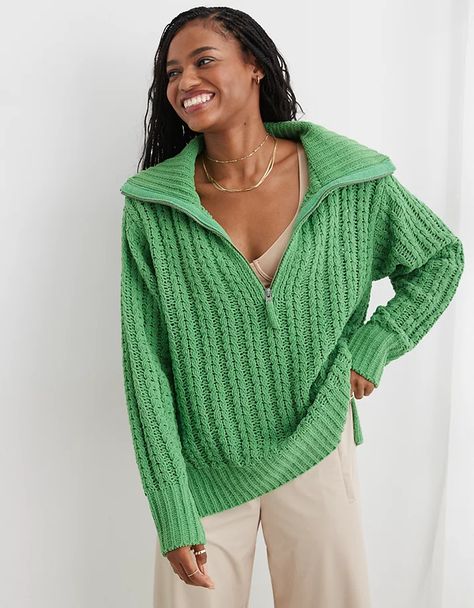 Aerie Cable Car Quarter Zip Sweater Quarter Zip Pattern, Womens Cream Sweater, Green Oversized Sweater, Girls Tulle Skirt, American Girl Crafts, Star Wars Outfits, Cable Car, Chenille Sweater, Quarter Zip Sweater