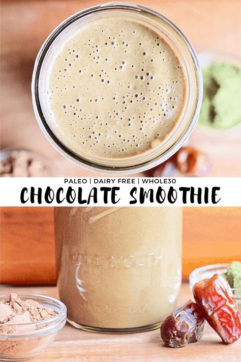 This healthy Chocolate Smoothie is loaded with protein, banana, dates, superfood powder, spinach, healthy fats from nuts, and a super chocolatey taste! It's perfect for paleo breakfast on the go or an easy dairy free snack between meals. #finishedwithsalt #chocolate #smoothie #banana #healthy #paleo | finishedwithsalt.com Whole30 Smoothies, Healthy Chocolate Shakes, Cafeteria Kitchen, Cookie Dough Vegan, Paleo Smoothies, Healthy Chocolate Smoothie, Bar Pictures, Whole30 Breakfast, Banana Apple Smoothie