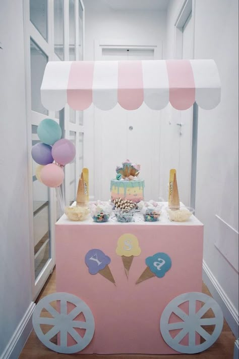 Ice Cream Booth Ideas, Ice Cream Day Decoration, Heres The Scoop Birthday Party Decorations, Diy Ice Cream Cart Birthday Parties, Diy Ice Cream Cart Ideas, Decorate Chairs For Party, Ice Cream Birthday Photo Shoot, Ice Cream Stall Design, Ice Cream Birthday Party Theme Decorations