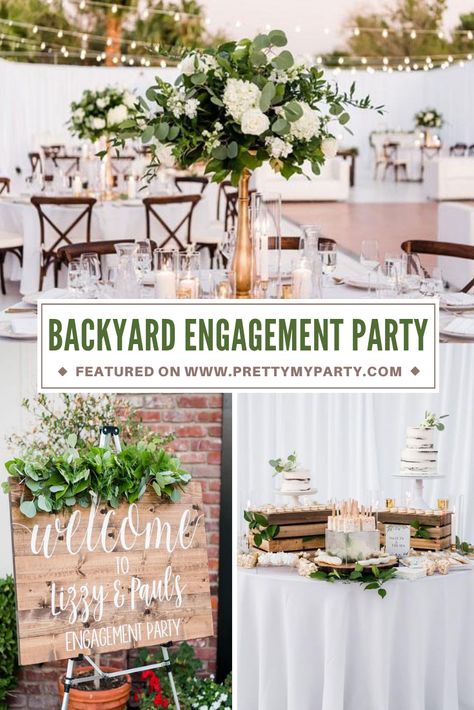 Elegant White Backyard Engagement Party - Pretty My Party - Party Ideas Engagement Party Menu, Backyard Engagement Party, White Backyard, Small Engagement Party, Engagement Party Bbq, Garden Engagement Party, Outdoor Engagement Party, Engagement Party Table, Engagement Party Decorations Diy