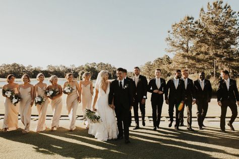 Timeless Neutral Bride, Groom,Bridesmaids in Silky Matching Champagne Gold Dresses and Groomsmen in Black Suits Groomsmen Attire Gold Champagne, Black And White Groom And Groomsmen, Champagne Bridesmaid Dress With Black Suit, Champagne Bridesmaids And Black Groomsmen, Taupe Bridesmaid Dresses And Groomsmen Black Suits, Black Bridesmaid Dresses Green Groomsmen, Champagne Bridesmaids Black Groomsmen, Champagne Wedding Colors Groomsmen, Champagne Bridesmaid Dresses And Groomsmen