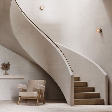 Kadashi #workinprogress #artemtrigubchak #interiordesign #charloteperriand #apparatus studio | Instagram Japandi Interiors Stairs, Wabi Sabi Stairs, Wabi Sabi Staircase Design, Stairs Design Japandi, Plaster Curved Staircase, Apparatus Studio, Famous Stairs Architecture, Georgian Mansion, Japandi Interior