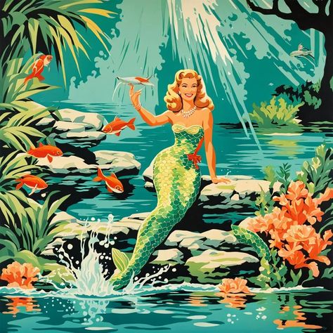 Replica of a 1950s paint by number painting of Weeki Wachee Springs Mermaid advertisement - AI Generated Artwork - NightCafe Creator Mermaid Advertisement, Vintage Mermaid Art, Water Spirits, Numbers Art, Weeki Wachee, Number Painting, Mermaid Artwork, Water Spirit, Mermaid Lover