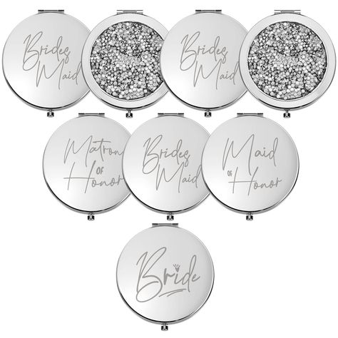 PRICES MAY VARY. Nice Bridal Party Gift: you will receive 8 compact makeup mirrors, with fine laser engraving on the back of the cosmetic mirror; A total of 4 texts, 1 [bride], 1 [matron of honor], 1 [maid of honor], and 5 [bridesmaids], which are nice gifts for bridesmaids groups Double Sided Mirror Design: there are 2 kinds of functions, one for an ordinary mirror, which can be applied to check the overall makeup, and the other one for 2 x magnification effect, so you can check the details, me 5 Bridesmaids, Bridesmaid Gifts From Bride, Mirror Wedding, Compact Makeup, Customized Bridesmaid Gifts, Wedding Party Bridesmaid, Wedding Silver, Nice Gifts, Wedding Shower Gifts