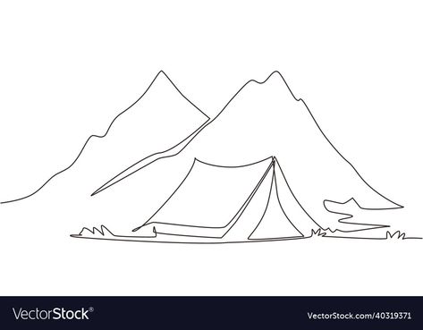 Tent Tattoo Design, Hike Tattoo, Hiking Tattoos, Tent Campsite, Tent Drawing, Single Line Tattoo, Hiking Tattoo, Single Line Drawing, One Line Drawing