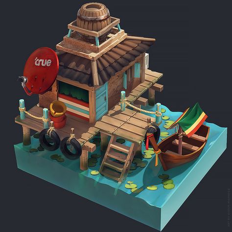 Construction Minecraft, House On The Water, Building Concept, Isometric Art, Isometric Design, Illustration Photo, Low Poly Art, Game Concept Art, Affinity Designer