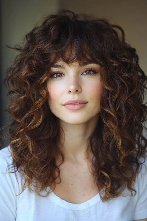 16 Flattering Long Layered Hair Ideas with Side Bangs for Any Occasion Stacked Layers Curly Hair, Wavy Hair Styles Long, 2b Curly Hair Styles, Bangs With Long Side Pieces, Face Framing Long Layers Curly Hair, Layered Crown Hairstyles, Long Layered Curly Haircut Natural Curls, Long Curly Bangs Hairstyles, Shag Hairstyles Long Curly