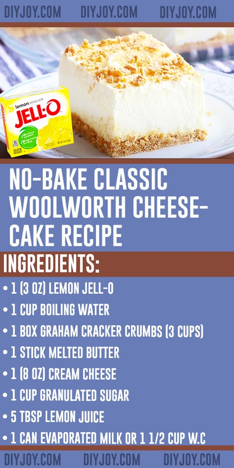 No-Bake Classic Woolworth Cheesecake Recipe Woolworth Cheesecake Recipe, Woolworth Cheesecake, Fluff Desserts, Lemon Dessert, Lemon Dessert Recipes, Jello Recipes, Bake Cheesecake, Cheesecake Desserts, Lemon Desserts