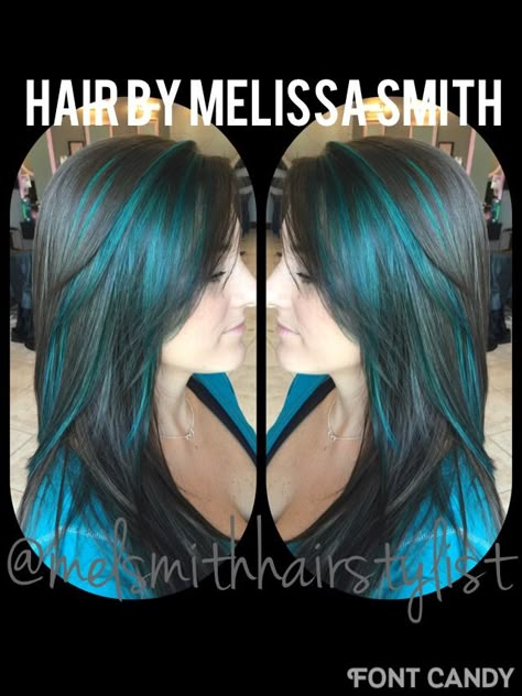 Teal hair / Joico fashion haircolor / Pensacola colorist / @melsmithhairstylist Black And Teal Hair Peekaboo, Teal Underneath Hair, Teal Peekaboo Highlights, Teal Highlights In Brown Hair, Teal Hair Highlights, Teal Highlights, Jojo Levesque, Peekaboo Hair, Teal Hair