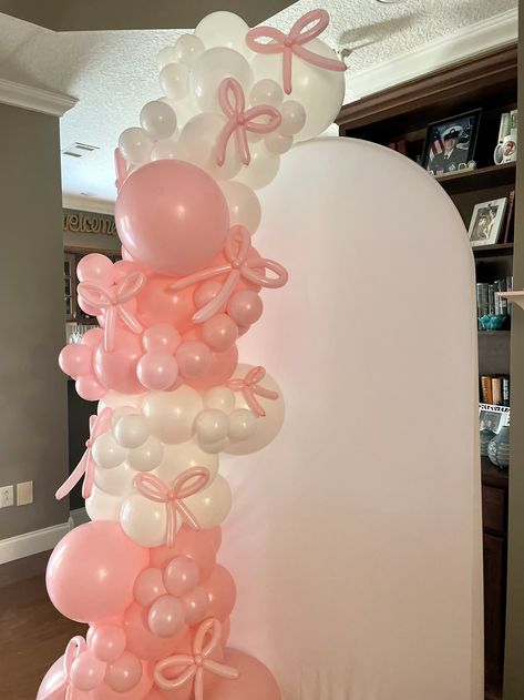 She Tied The Knot Theme, She Tied The Knot Bachelorette Theme, She Tied The Knot Bridal Shower Theme, Pink Bow Decor, Pink Birthday Set Up, She’s Tying The Knot Bow Theme, She's Tying The Knot Bridal Shower Theme, Bow Balloon Arch, Tying The Knot Bachelorette Party