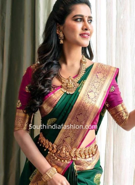 Jewellery For Silk Saree, Green Saree Designs, Green Kanjeevaram Saree, Manish Malhotra Lehenga, Nabha Natesh, Orang India, Jewellery Photo, Indian Blouse Designs, Bridal Sarees South Indian