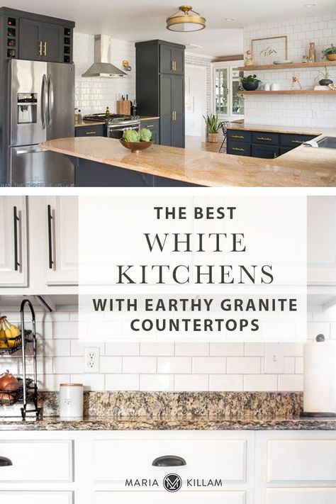 White Kitchen Cabinets With Brown Quartz, Cabinet Colors With White Granite, Update Kitchen With Old Granite, Crema Caramel Granite Kitchen, How To Work With Dated Granite, How To Style Brown Granite Countertops, Off White Kitchen Cabinets With Brown Granite, Kitchen With Beige Granite Countertops, Colors That Go With Granite Countertops