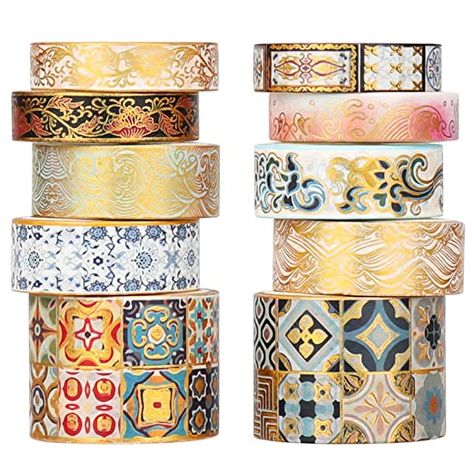 Amazon.com: Sodagreen Gold Vintage Washi Tape - Foil Washi Masking Tape Set with Gift Box - Aesthetic Decorative Tape Perfect for Bullet Journal, Scrapbook, DIY Crafts : Arts, Crafts & Sewing Washi Tape Dispenser, Gold Washi Tape, Washi Tape Ideas, Gold Foil Design, Washi Tape Set, Kraf Diy, Decorative Tape, Washi Tapes, Tape Crafts