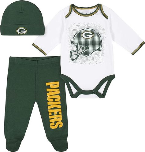 NFL baby boys Registry Gift Set 3 Pack BODYSUIT FOOTED PANT AND CAP, Team Color, 6-9M US Green Bay Packers Baby, Green Bay Packers Clothing, Packers Baby, Newborn Onesies, Baby Shower Fall, Hat Set, Baby Pants, Self Service, Cool Baby Stuff