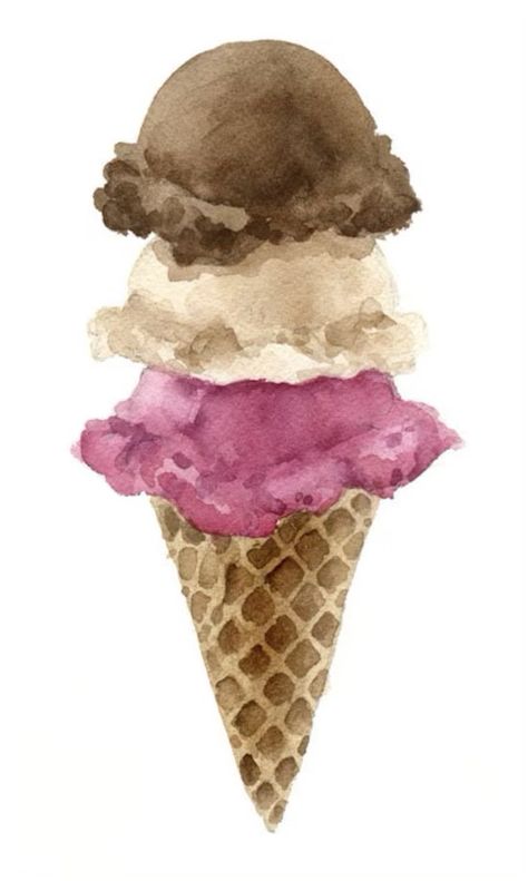 Watercolor Ice Cream Cone, Ice Cream Cone Art, Ice Cream Painting, Ice Cream Art, Ice Cream Print, Watercolor Food, 수채화 그림, Watercolor Art Lessons, Vintage Vibe