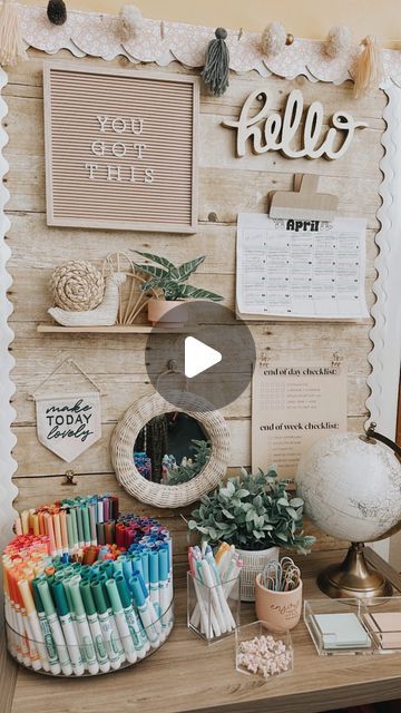 Boho Math Bulletin Board, Boho Classroom Inspiration, Teacher Personal Bulletin Board, Boho School Office, Elementary Teacher Must Haves, Fifth Grade Classroom Decor, Teacher Corner Ideas Classroom, Teacher Office Ideas, School Counselor Office Setup