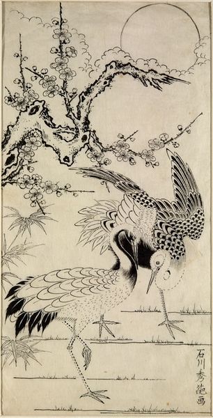 Two Cranes and a Plum Tree, c.1741-c.1764, Ishikawa Toyonobu; the cranes symbolise longevity; the bamboo, flexibility, and the flowering tree, fortitude; together, they evoke new year. (Victoria & Albert Museum) Japanese Paintings, Japanese Bird, Japanese Crane, Japanese Drawings, Japanese Art Prints, Plum Tree, Japanese Tattoo Art, Ishikawa, Japanese Woodblock Printing