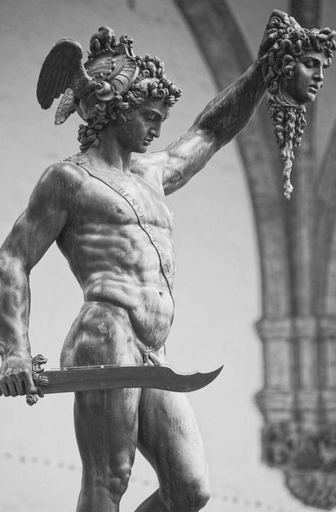 Perseus With The Head Of Medusa, Perseus And Medusa Statue, Perseus Vs Medusa Tattoo, Perseus With The Head Of Medusa Tattoo, Medusa With The Head Of Perseus, Ancient Sculpture Greece, Ancient Greek Statues Aesthetic, Perseus Aesthetic, Perseus Drawing