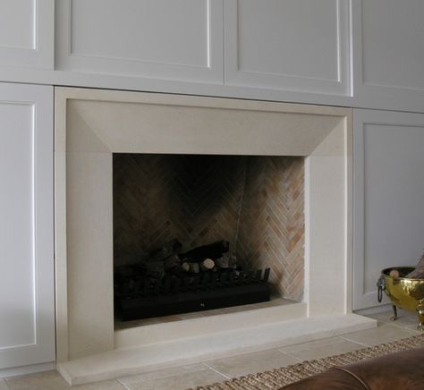 Bevel fireplace with small border style fire surround carved in Oamaru Limestone Ideas For Kitchen Backsplash, Surround Fireplace, Limestone Fireplace Surround, Backsplash Stone, Fireplace Bookcase, Contemporary Fireplace Designs, Stone Backsplash Kitchen, Slate Fireplace, Wood Turtle