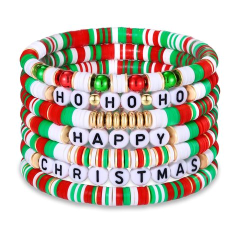 PRICES MAY VARY. 【Christmas Theme Bracelets】Fun and fashionable holiday bracelets in green, red, and white. Nothing says "I love the holidays" more than wearable Christmas accessories. Why not show off your festive side with our trendy expandable bangles set with hand-painted charms. This bracelet features acrylic monogram beads -HOHOHO HAPPY CHRISTMAS and red, white and blue polymer clay beads, a classic Christmas color scheme to add more festive atmosphere to your Christmas look. 【Christmas Th Christmas Beaded Bracelets Ideas, Christmas Braclets Ideas, Winter Clay Bead Bracelets, Christmas Clay Bead Bracelet Ideas, Christmas Bracelet Ideas, Bracelets Heishi, Make Clay Beads, Holiday Party Jewelry, Acrylic Monogram