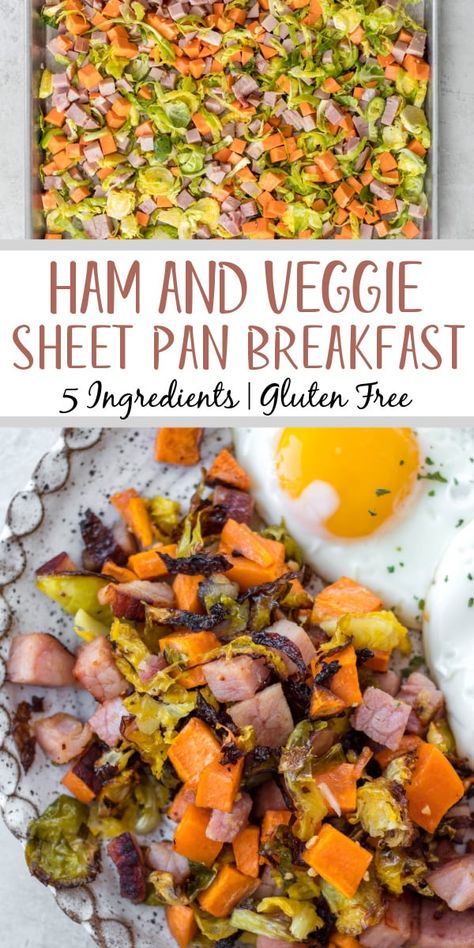 This ham and sweet potato sheet pan meal is the perfect use for any leftover ham you may have around, especially after a holiday! It only uses six total ingredients to make a delicious gluten free breakfast recipe or even meal prep for the week ahead. The crispy brussels sprouts and sweet potatoes combine with the ham to check all the flavor boxes with very little effort! #leftoverham #hamrecipes #hambreakfast #sheetpan Gluten Free Leftover Ham Recipes, Gluten Free Ham Recipes, Ham And Brussel Sprouts Recipe, Ham Sheet Pan Dinner, Ham And Sweet Potato Recipes, Healthy Ham Recipes, Sheet Pan Ham, Ham Sweet Potato, Sweet Potato Sheet Pan