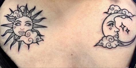 Gemini Twin Tattoo For Women, 90s Sun And Moon Tattoo, Sun And Moon Chest Tattoo Female, Sun And Moon American Traditional Tattoo, Collarbone Tattoo Ideas, Personal Tattoos, Collarbone Tattoos, Sick Tattoos, Tattoos 2024