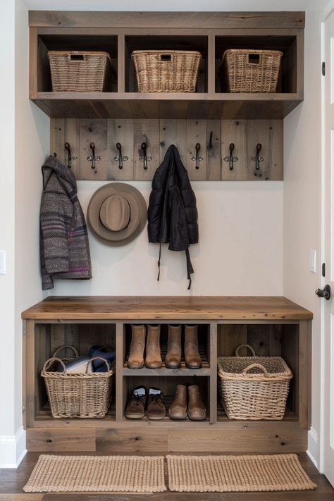 Use these innovative methods to store your shoes so that you never have to trip over a loose sneaker again! Diy Shoe And Coat Rack, Coats And Shoes Storage, Alcove Coat And Shoe Storage, Outdoor Porch Shoe Storage Ideas, Shoe And Jacket Storage Entry Ways Diy, Shoe And Boot Storage Ideas, Porch Shoe Storage Ideas, Front Entrance Storage, Cubby Mudroom