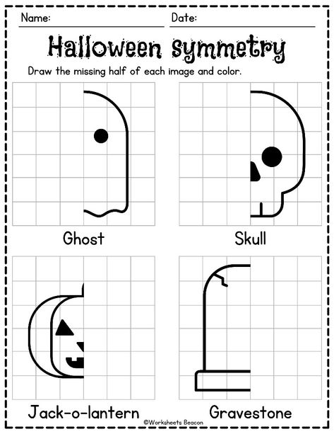 Happy Halloween ! Our Halloween symmetry worksheet will bring some fun to the classroom as your students learn about reflectional symmetry. Students are asked to draw the other half of the Halloween-themed pictures in this fun activity worksheet, which will improve their motor skills and visual recognition, and also improve their coloring skills. Roll And Draw Halloween, Halloween Shape Activities, Halloween Symmetry, Halloween Number Activities, Draw The Other Half, Halloween Worksheets Free, Halloween Worksheet, Opposites Worksheet, Primary School Activities