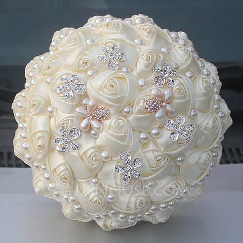 Round Satin/Rhinestone/Imitation Pearl Bridal Bouquets (Sold in a single piece) - Pearl Bridal Bouquet, Brooch Bouquet Diy, Roses Romantic, Beaded Bouquet, Pearl Bouquet, White Things, Jeweled Bouquet, Bridal Brooch Bouquet, Wedding Brooch Bouquets