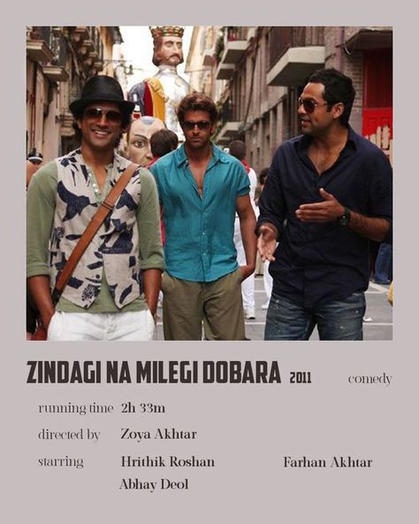 Znmd Aesthetic Poster, Zindagi Na Milegi Dobara Outfits, Zindagi Nahi Milegi Dobara, Bollywood Movies Minimalist Poster, Bollywood Posters Aesthetic, Bollywood Polaroid Poster, Znmd Quotes Aesthetic, Bollywood Minimalist Poster, Bollywood Comfort Movies