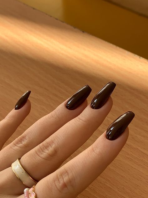 Brown Shades Nails Acrylic, Nail Extension Dark Color, Dark October Nails, Dark Brown Coffin Acrylic Nails, Brownish Nail Color, Dark Brown Square Nails, Color Nails For Brown Skin, Solid Color Manicure, Walnut Brown Nails