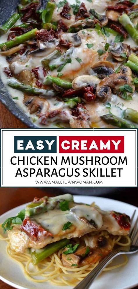 Make Easy Creamy Chicken Mushroom Asparagus Skillet in less than 30 minutes! Chicken breasts are topped mushrooms, asparagus, sun-dried tomatoes, and drizzled in a creamy white wine sauce. Serve this easy spring recipe over a bed of angel hair pasta or white rice! Creamy Chicken Mushroom, Mushroom Asparagus, Easy Creamy Chicken, Creamy White Wine Sauce, Easy Spring Recipes, Creamy Mushroom Chicken, Creamy Chicken Recipes, Chicken Mushroom Recipes, Asparagus And Mushrooms