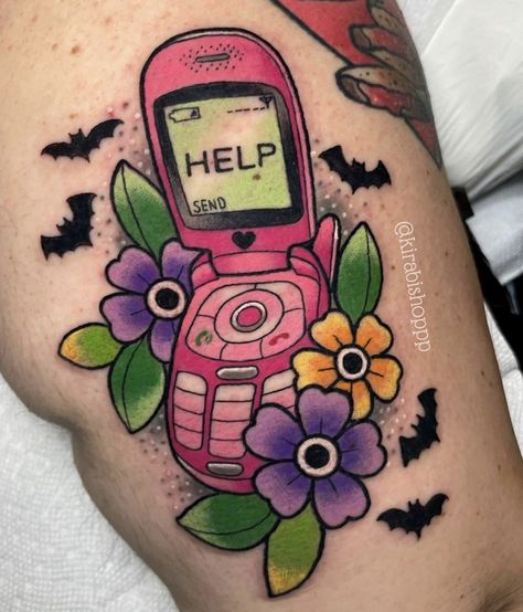 Flip Phone Tattoo, Phone Tattoo, Austin Tattoo, Horror Movie Tattoos, Bright Tattoos, Texas Tattoos, Bat Tattoo, Female Tattoo Artists, Flip Phone