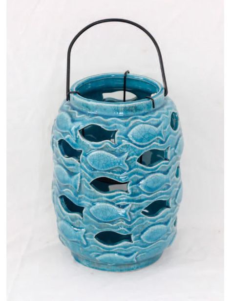 Ceramic Luminary, Lantern Ceramic, Fish Lanterns, Fish Lamp, Ceramic Lantern, Blue Lantern, Lantern Ideas, Pottery Form, The Lantern