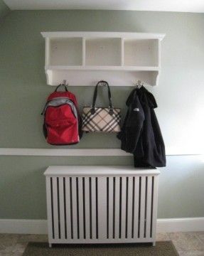 Custom, solid wood radiator cover/enclosure with a perfectly sized coat and cubby shelf above it. Entryway Radiator, Hallway Mirror Ideas, Hallway Radiator, Coat Hooks Hallway, Hooks Hallway, Decorate Hallway, Hall Ways Ideas, Hall Ways, Coat Hook Shelf