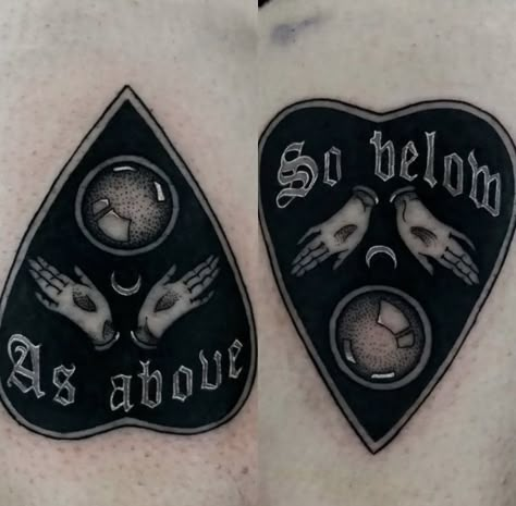 Witchy Tattoo Matching, Gothic Bff Tattoos, Clock Tattoo Design Traditional, Best Friend Tattoos Dark Aesthetic, Matching Planchette Tattoo, Goth Tattoo Fillers, Matching Tarot Tattoo, Spooky Throat Tattoo, Gothic Friendship Tattoos