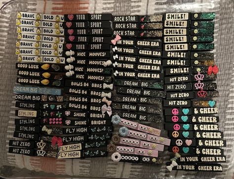 All About Cheer Pins | Used up some more vinyl scraps and I got some GLITTER | Facebook Cheer Pins Sayings, Cheer Comp Pins, Cheer Pins For Backpacks, Cheer Pin Ideas, Cheer Pegs, Cheer Clips, Cheer Good Luck Pins, Cheer Competition Gifts, Competition Gifts