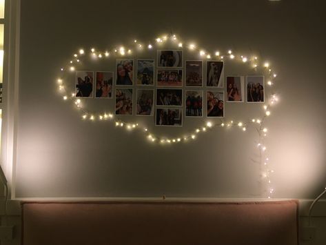 Study Room Lighting Ideas, Fairy Light Shape On Wall, Lights With Pictures Bedrooms, Polaroid Wall With Fairy Lights, Fairy Lights On Wall Ideas, Fairy Light Cloud, Fairy Lights Picture Wall, Photo Lights Wall Pictures, Fairy Lights In Room Bedroom Ideas