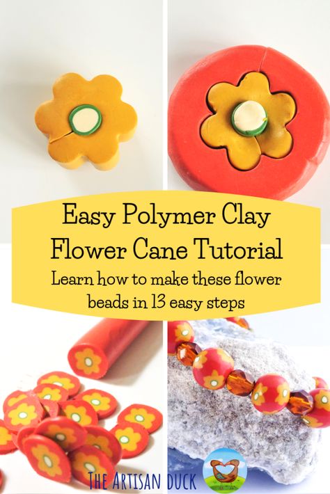 Simple Flower Cane Polymer Tutorial, Polymer Canes For Beginners, Polymer Clay Canes Step By Step Easy, Easy Polymer Clay Canes, Clay Canes Tutorial Easy, Polymer Clay Flower Cane, Polymer Clay Cane Tutorial Beginner, Beginner Polymer Clay Projects, Polymer Clay Canes Step By Step