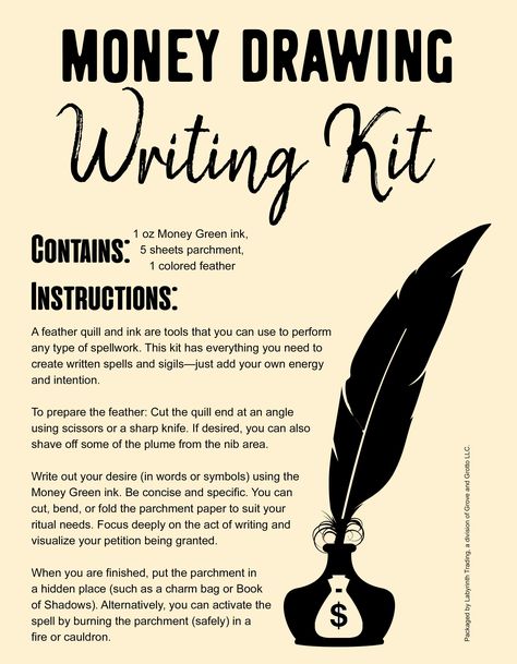 Money Drawing Spell Writing Kit - Grove and Grotto Writing Feather, Spell Writing, Spells And Rituals, Quill And Ink, Best Essay Writing Service, Witch Spirituality, School Essay, Magic Spell Book, Grimoire Book