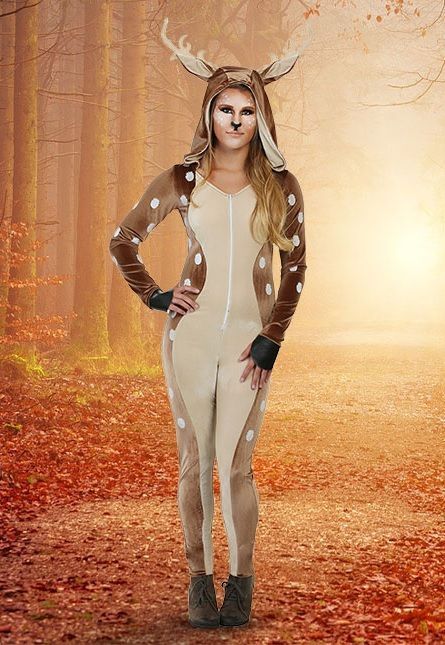 This flirty and fun Women's Fawn Costume will make you everyone's favorite woodland creature. This cute Deer Costume for Women is a one-piece jumpsuit with all-over printed spots and an attached hood with stuffed ears and wire antlers. Comfy and cozy, this costume is perfect for a fun Halloween party. #halloween_costumes #fawn_costumes #deer_costumes Adult Deer Costume, Fawn Costume, Deer Halloween Costumes, Fun Costumes, Deer Costume, Fawns Deer, Costume For Women, Halloween Express, Woodland Creatures