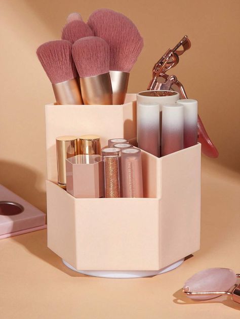 BASIC LIVING 1pc Rotatable Makeup Organizer For Vanity/Bathroom/Office | SHEIN USA Vanity Bathroom, Bathroom Office, Makeup Organizer, Men's Beauty, Makeup Organization, Coral Pink, Storage Baskets, Bathroom Vanity, Vanity