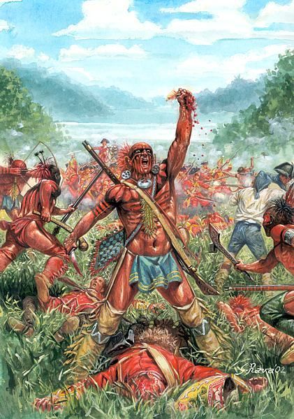 Huron warrior holds up the scalp of a British Grenadier, French and Indian American Indian Wars, Woodland Indians, Eastern Woodlands, American Indian History, Native American Warrior, American Frontier, Native American Artwork, Native American History, Military Art