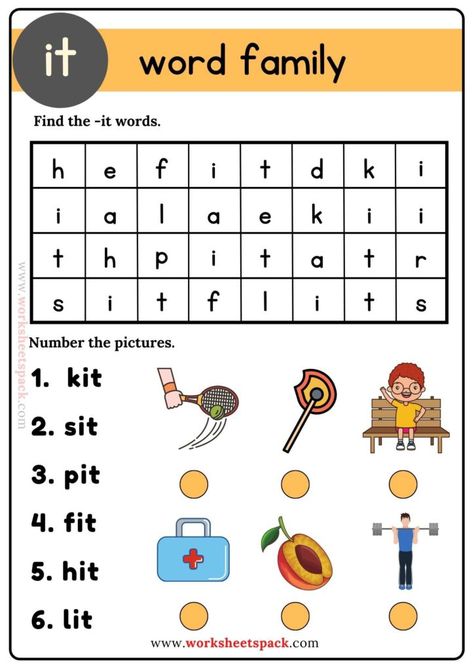 It Word Family Word Search Puzzle - Printable and Online Worksheets Pack Word Family It Worksheets, It Word Family Worksheet, It Word Family Activities, It Words Worksheets, It Family Words Worksheets, In Family Words Worksheets, It Family Words, It Word Family, Reading Preschool