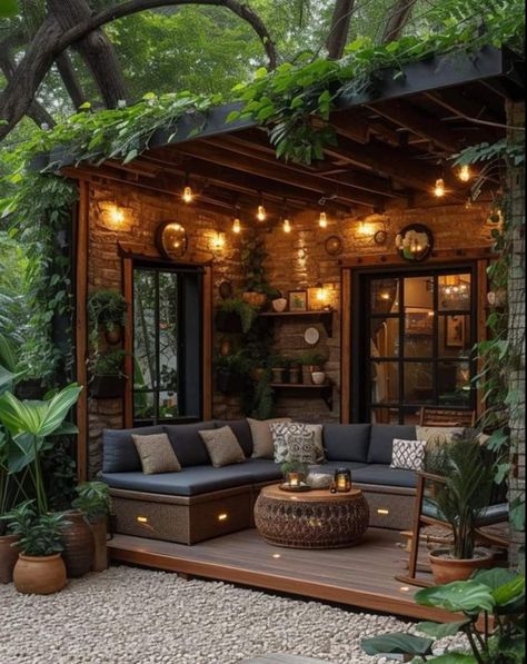 Casa Hobbit, Outdoor Gazebos, Backyard Lighting, Backyard Inspo, Outdoor Decor Backyard, Backyard Patio Designs, Back Patio, Back Garden, Outdoor Oasis